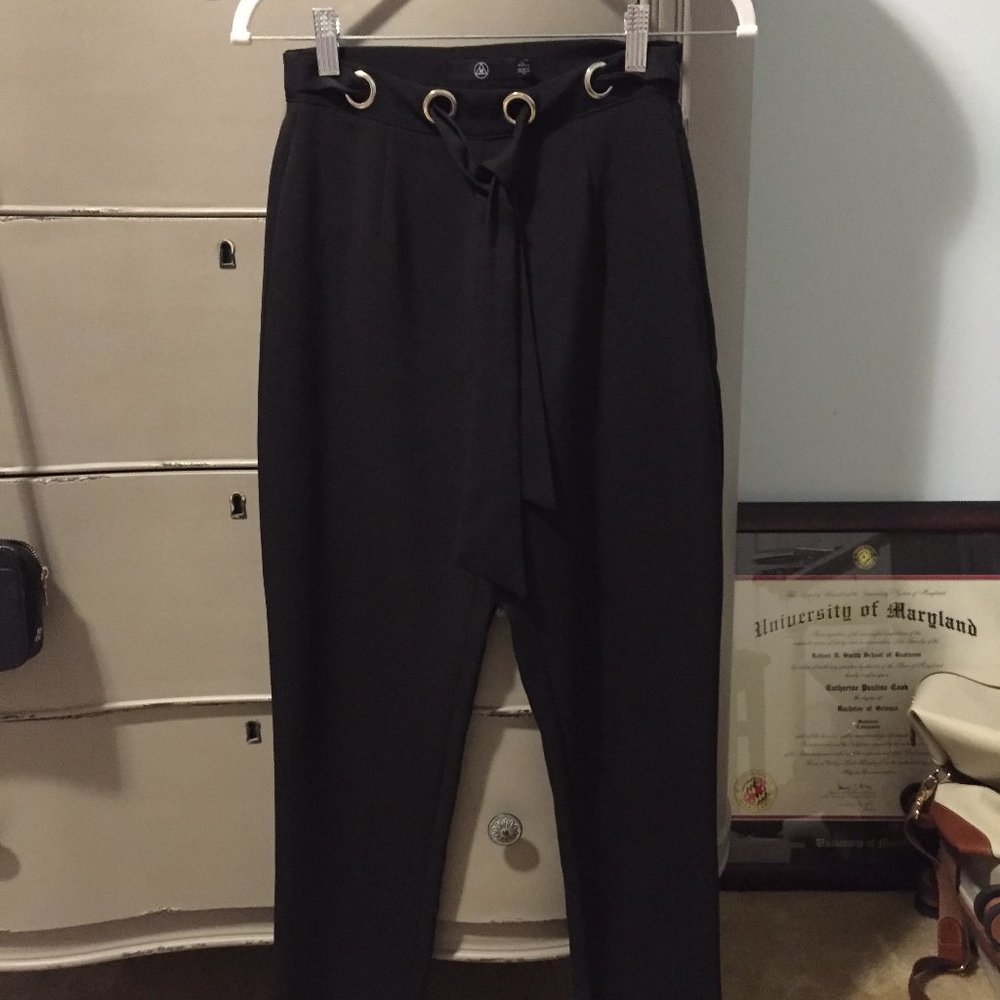 ✨Misguided Tie Waist Belted High Waisted Black Pants Split Hem Size US 2 Skinny✨